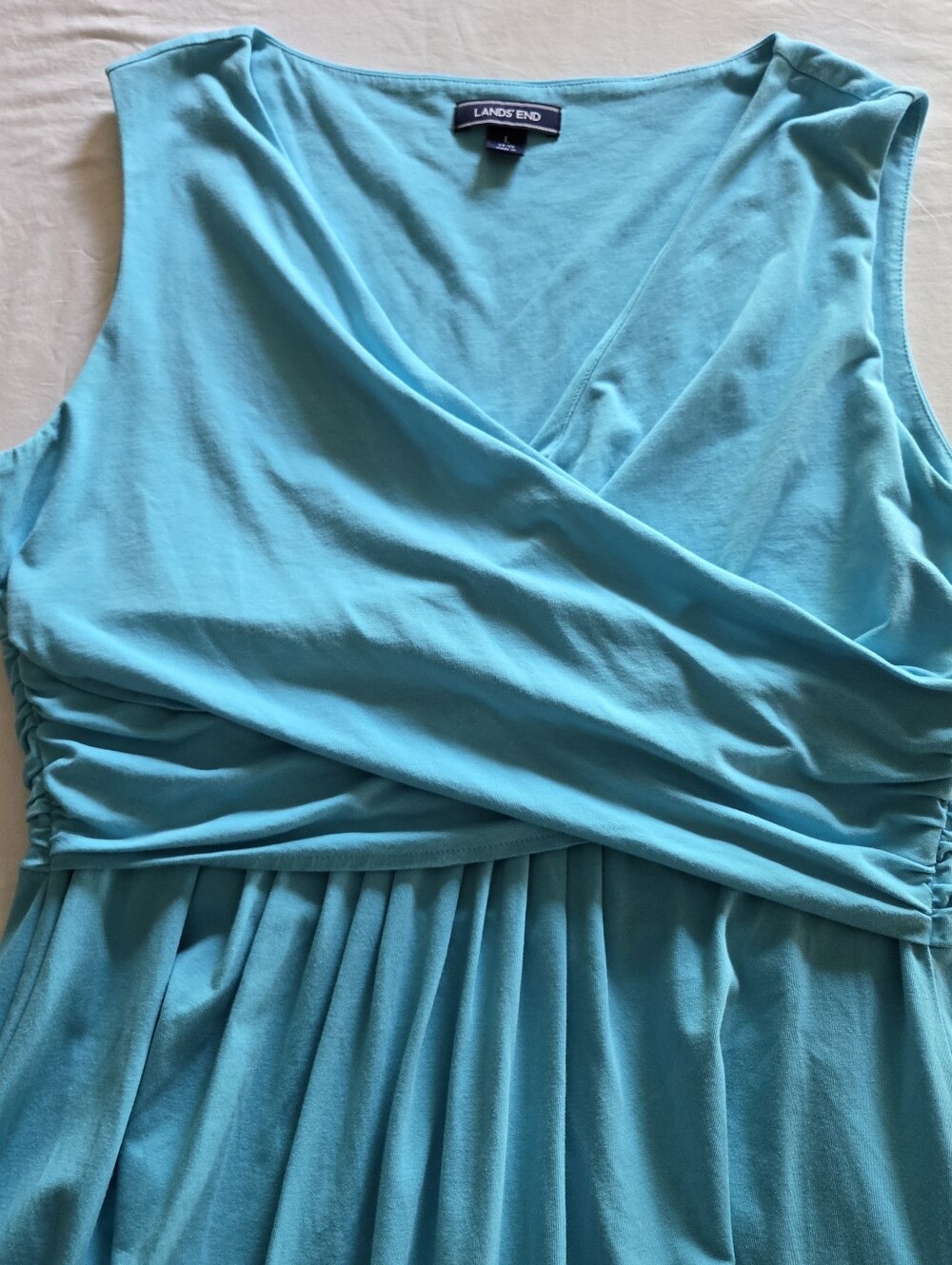 Lands End Womens Large Sleeveless V neck Turquoise Dress jersey knit EUC